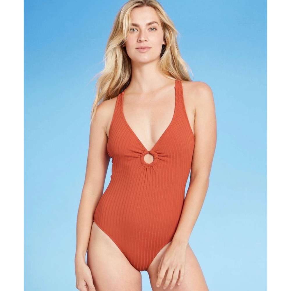 Kona Sol Womens Burnt Orange Ribbed O-Ring Tie Back One Piece Swimsuit Lg beach
